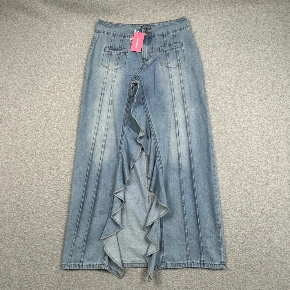 Edikted Denim Maxi Skirt Light Wash Ruffle Front Slit Y2K Blue Women Size M NEW